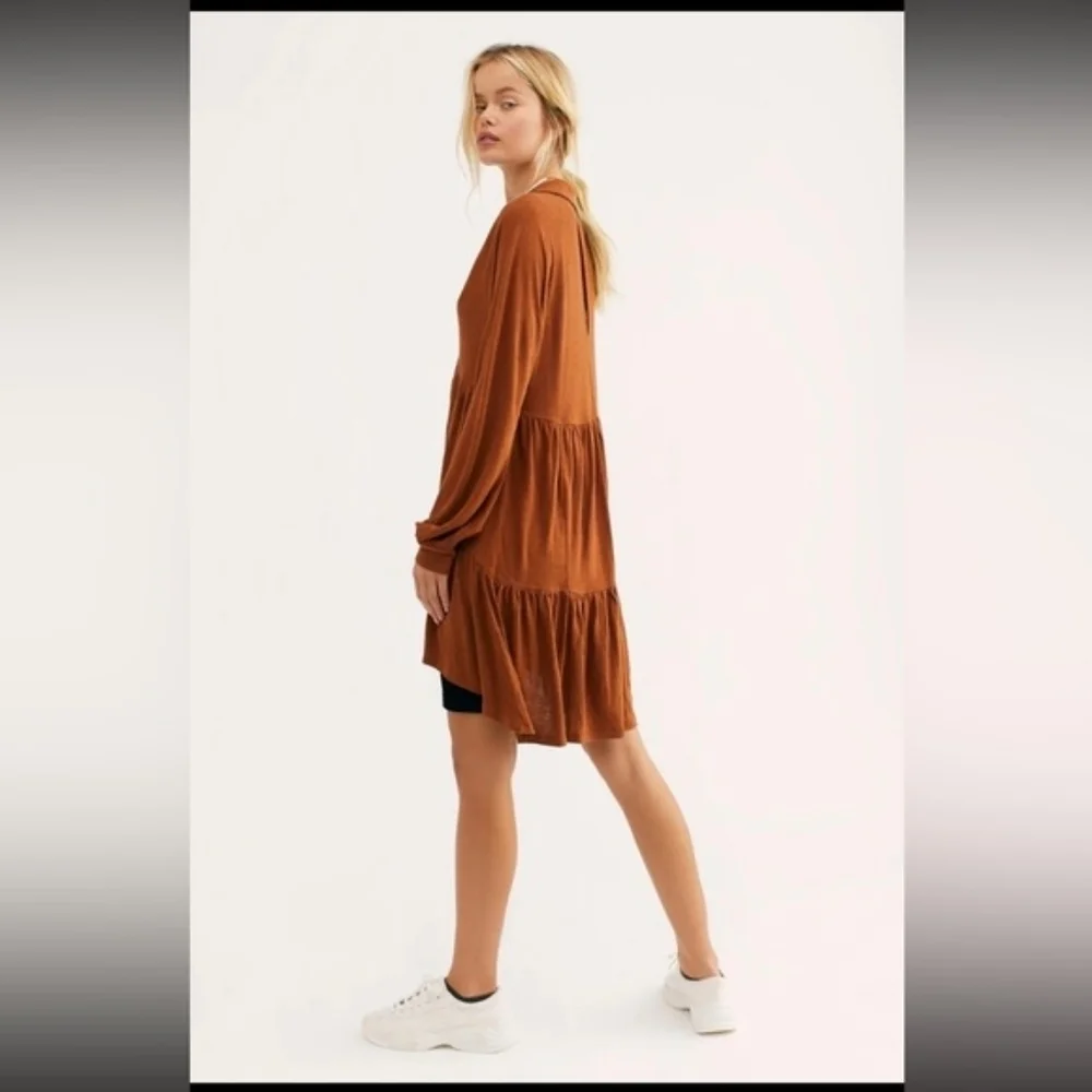 Free People Best Girl Tiered Swing Knit Tunic Dress In Cognac Brown